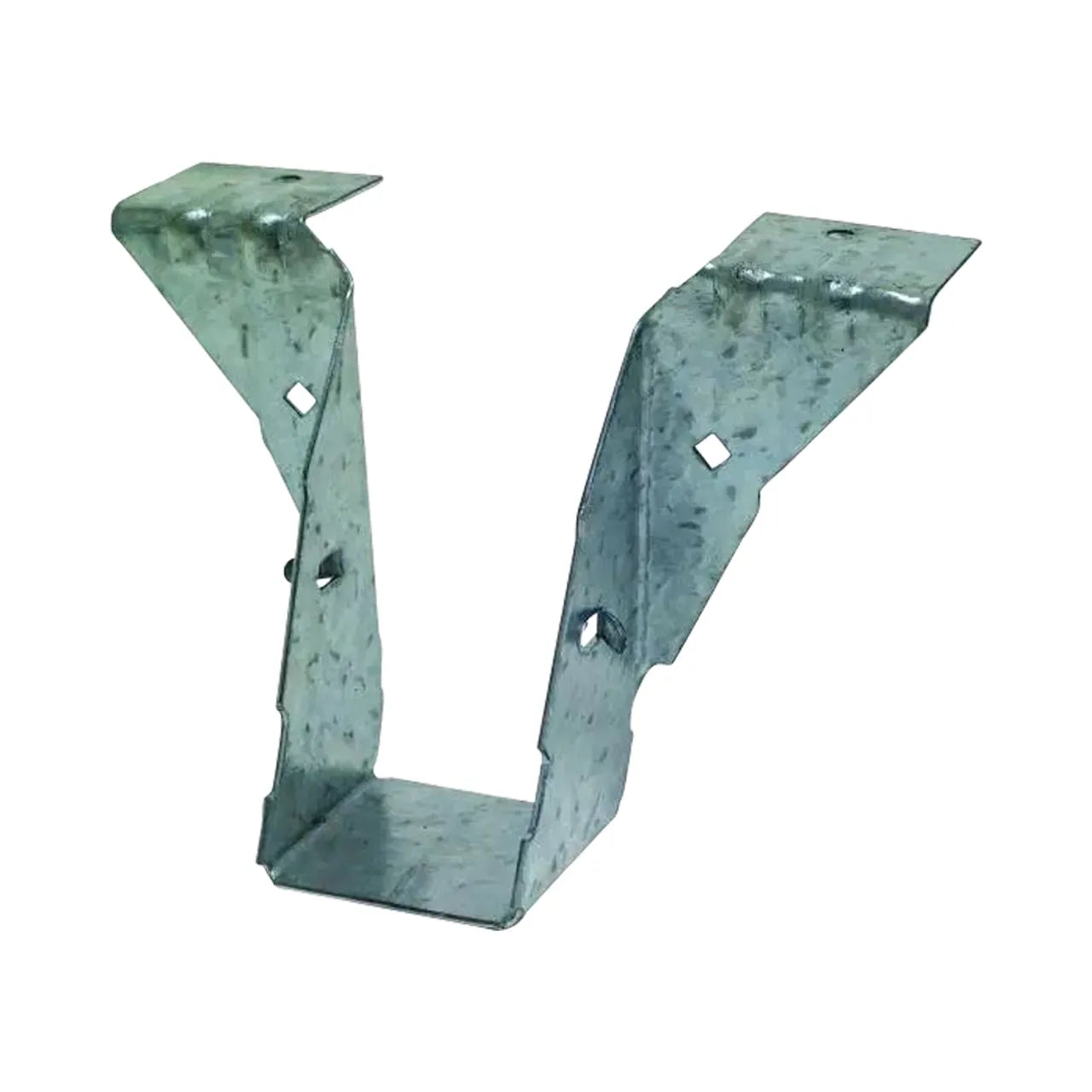 The 2 in. x 4 in. 18 Ga. ZMAX Galvanized Post Frame Hanger by Go Build, The Fastest Way To Build, is U-shaped for wooden beams, with multiple holes for nails or screws, ensuring secure and durable connections like a joist hanger.
